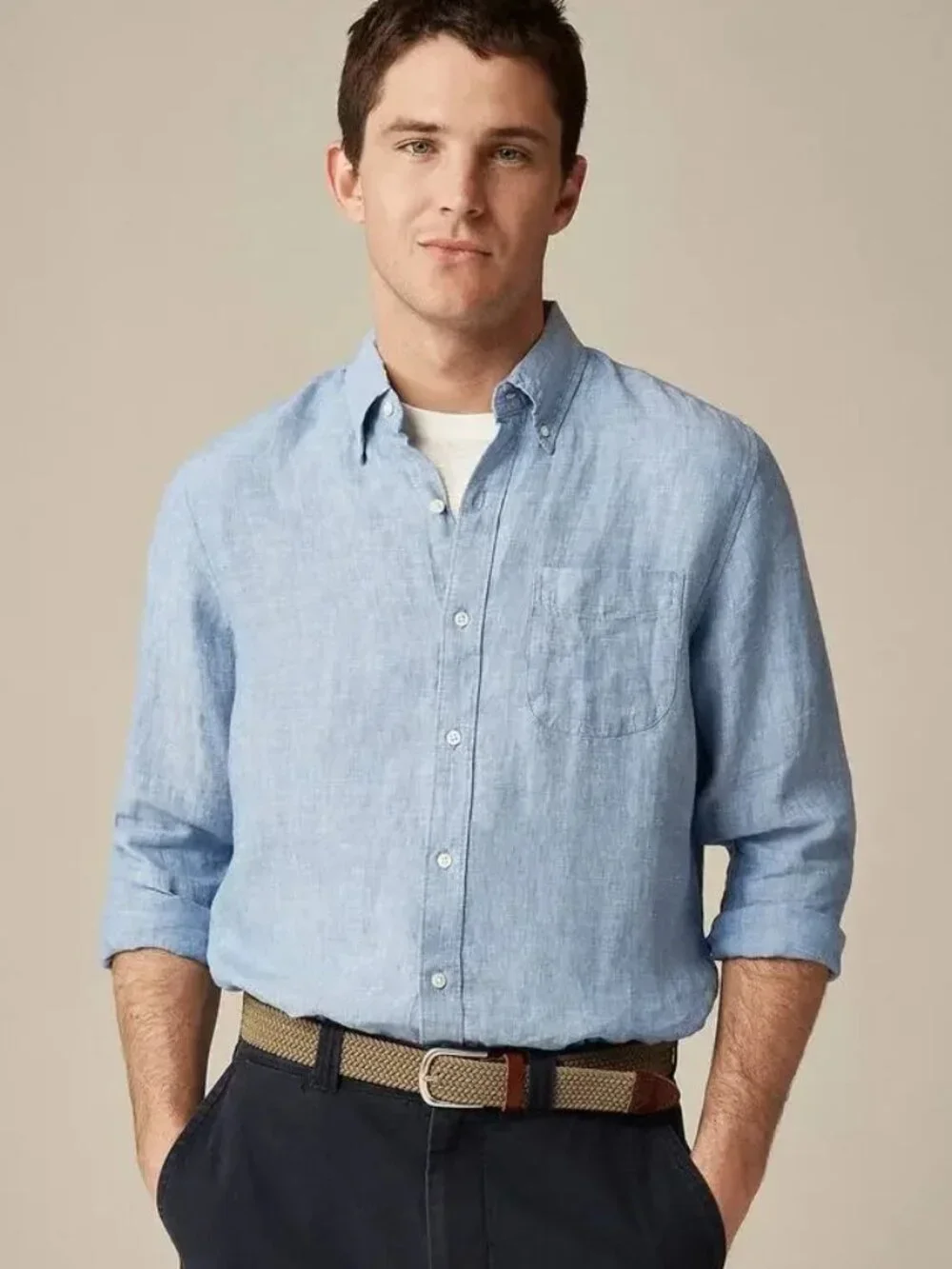 J.Crew 100% Linen Button Down Shirt Blue Chambray Coastal Preppy Men's Size L